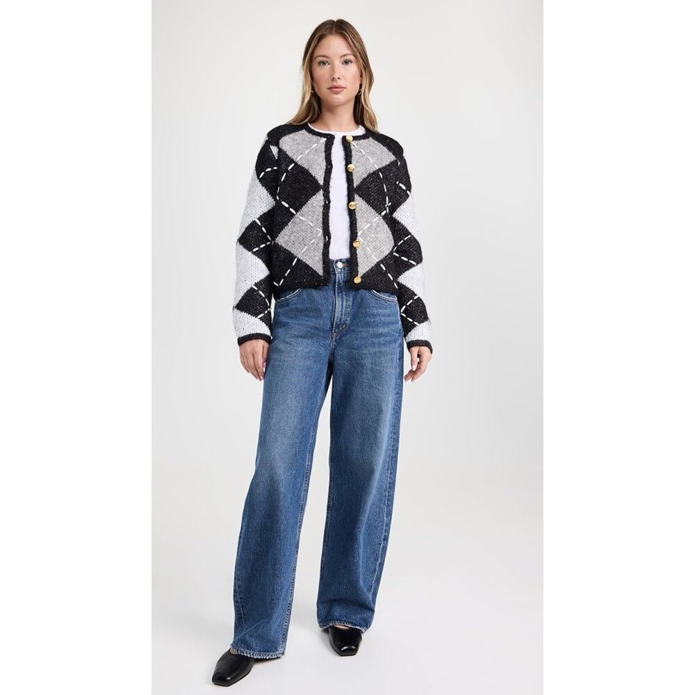 English Factory Argyle Cardigan Women S Heavyweight Cross Stitch Knit Black Gray - Picture 13 of 13